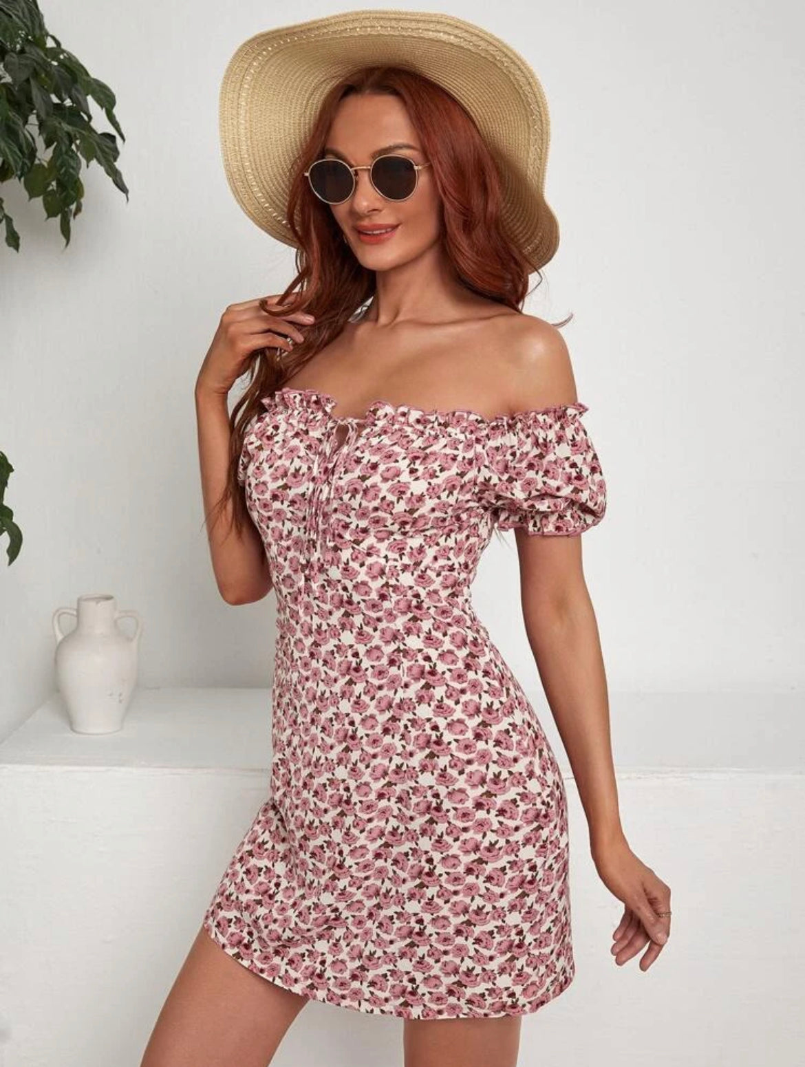 Floral Print Off Shoulder Knot Front Dress