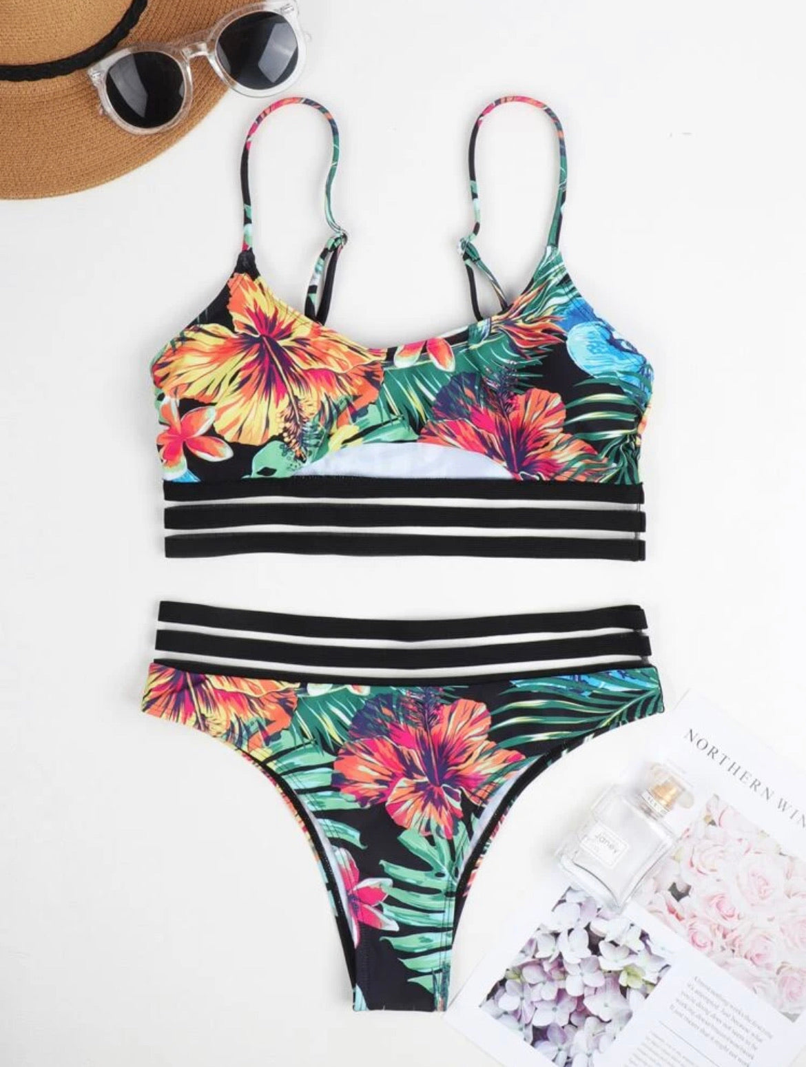 Floral & Tropical Cut-out Mesh Trim Bikini Swimsuit