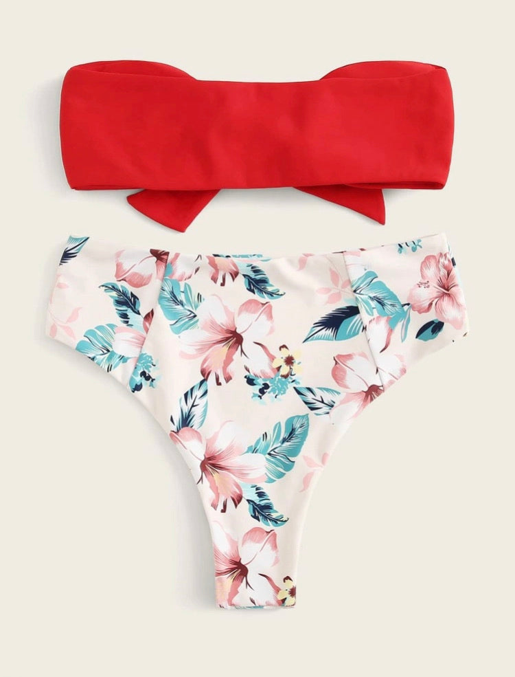 Knot Front Bandeau with Tropical Highwaist Bikini