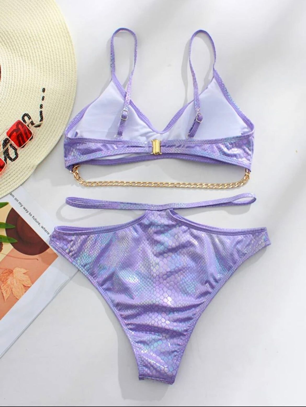 Snakeskin Metallic Chain Linked Cut Out Bikini Swimsuit
