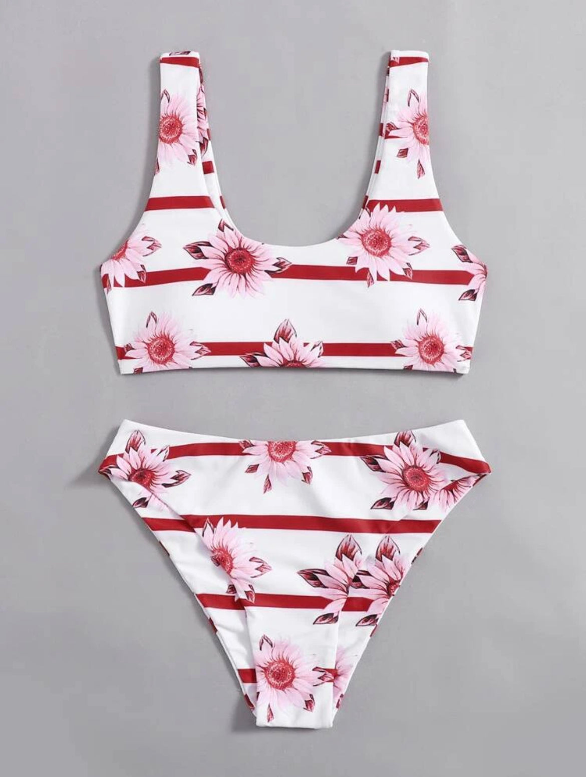 Floral & Stripe Print Bikini Swimsuit