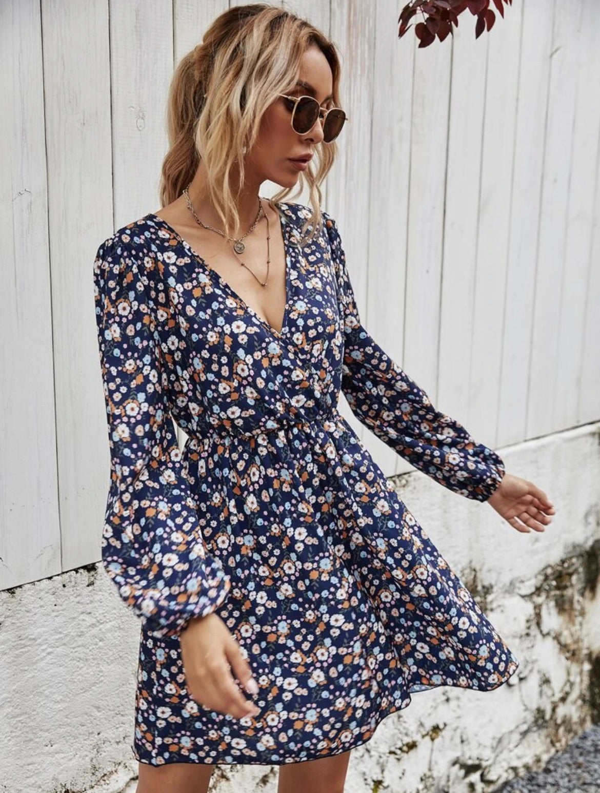 Allover Floral Surplice Front Dress