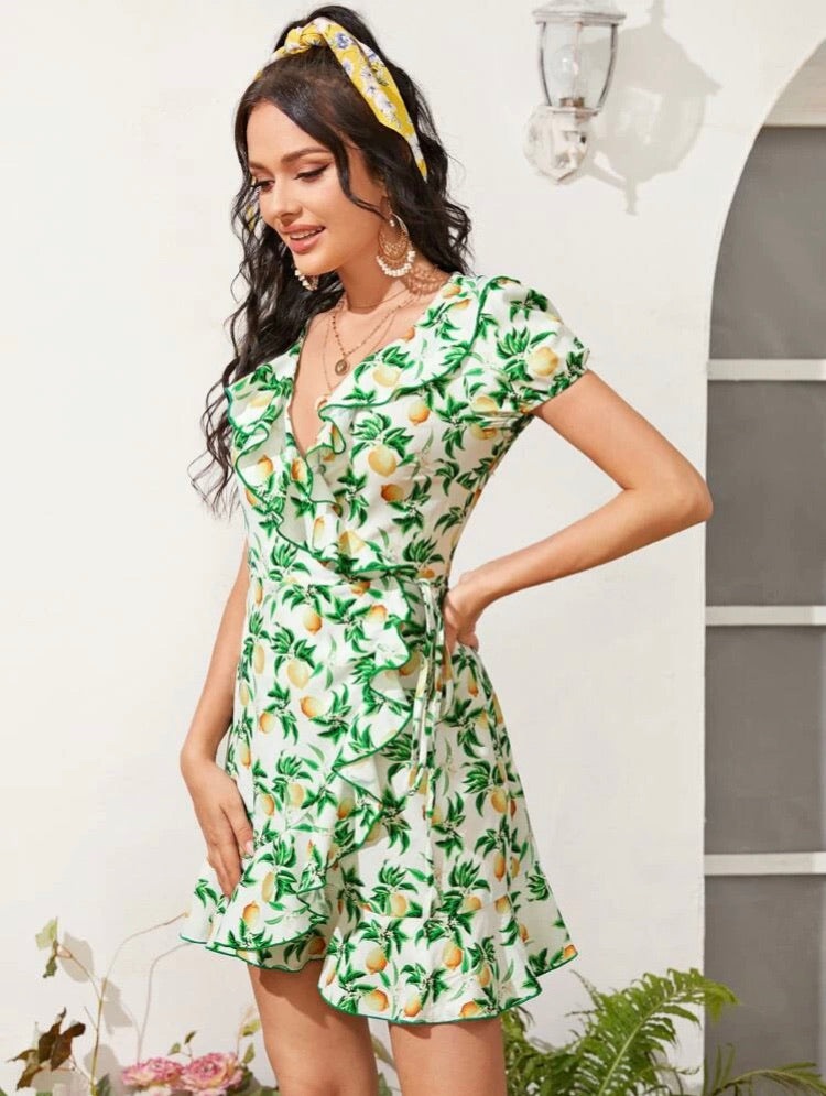 Lemon Print Tie Side Ruffle Trim Wrap Dress