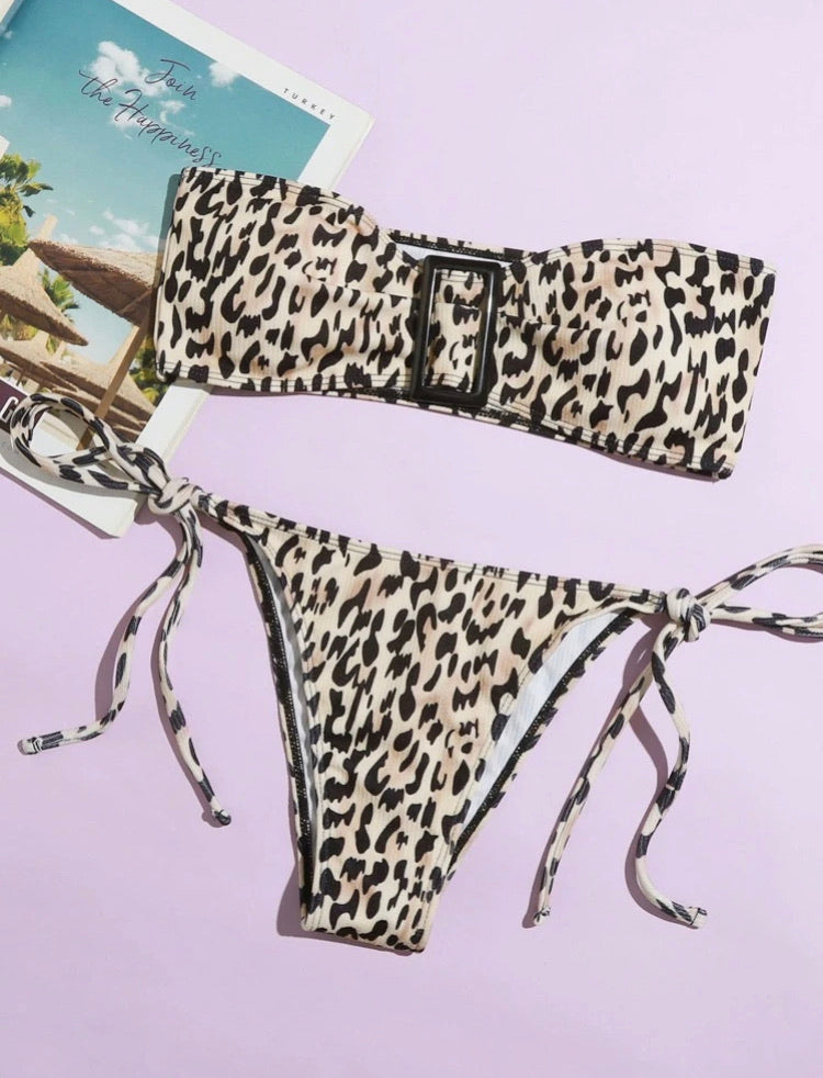 Leopard Buckle Tie Side Bikini Swimsuit