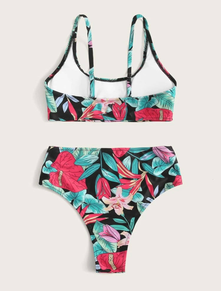 Plant Random Print High Waisted Bikini Swimsuit
