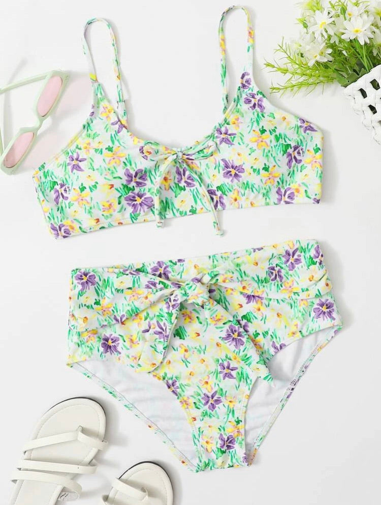 Floral Knot Detail High Waist Bikini Swimsuit