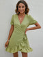 Overlap Collar Tie Side Ruffle Trim Wrap Hem Dress