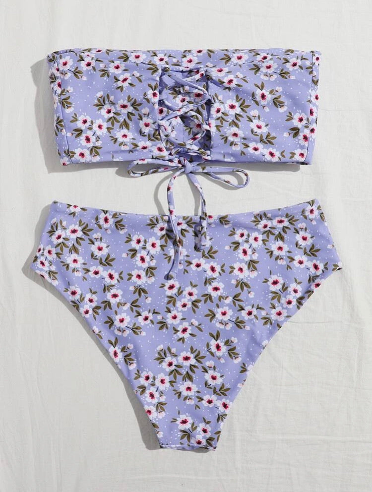 Allover Floral Bandeau Bikini Swimsuit