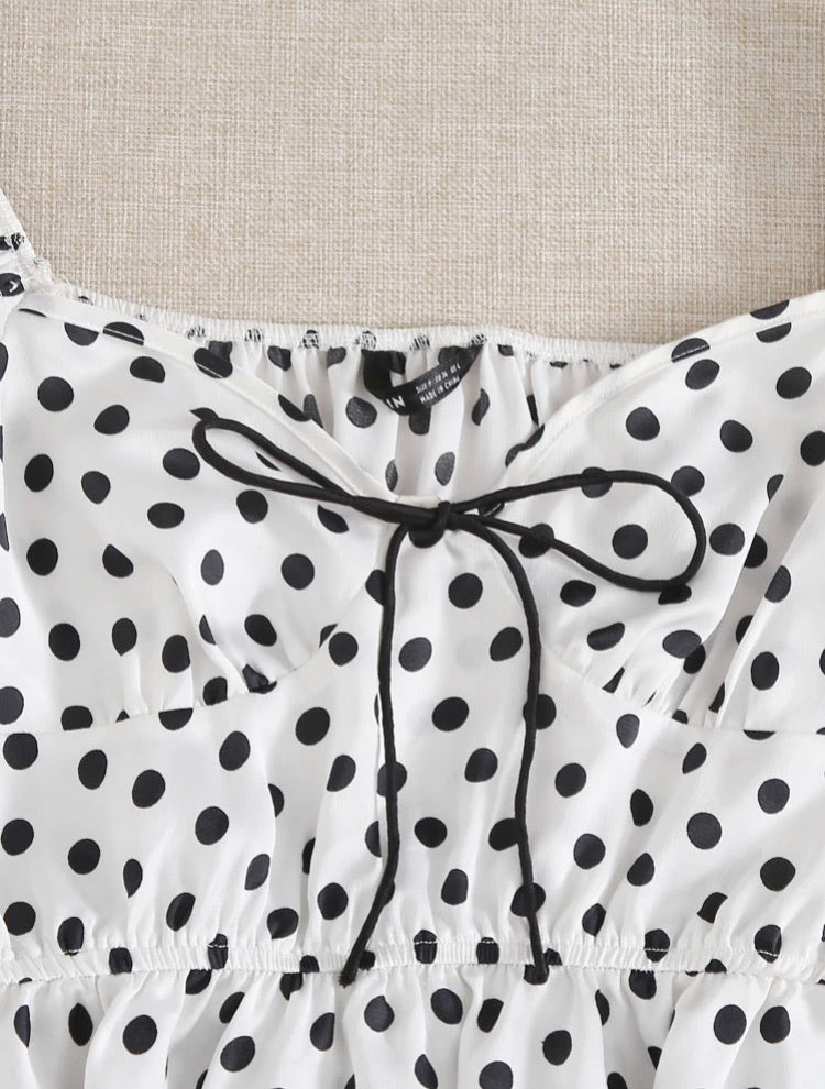 Puff Sleeve Knot Detail Polka Dot Peplum Top