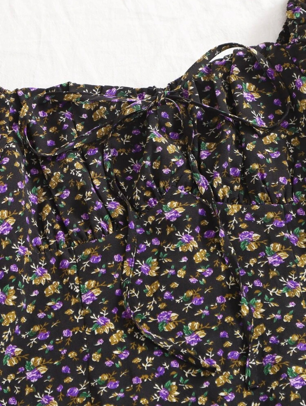 Puff Sleeve Sweetheart Neck Tie Front Ditsy Floral Dress