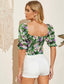Ruffle Trim Puff Sleeve Shirred Crop Top