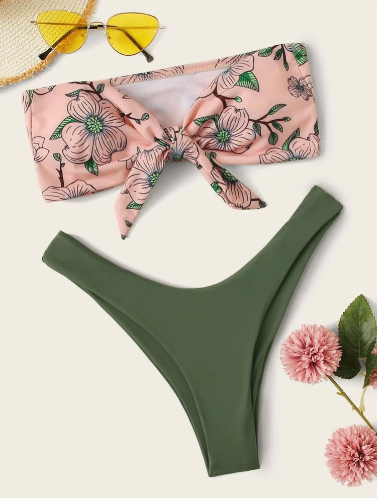 Floral Knot Front Bandeau With High Cut Bikini Set