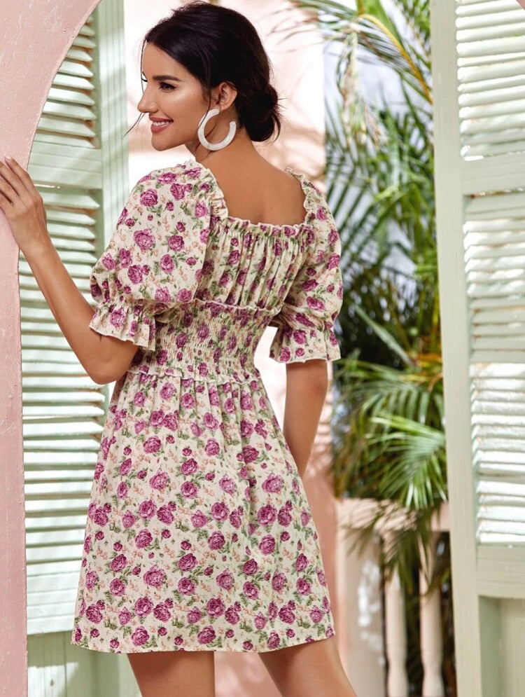 Allover Floral Shirred Waist A-line Dress