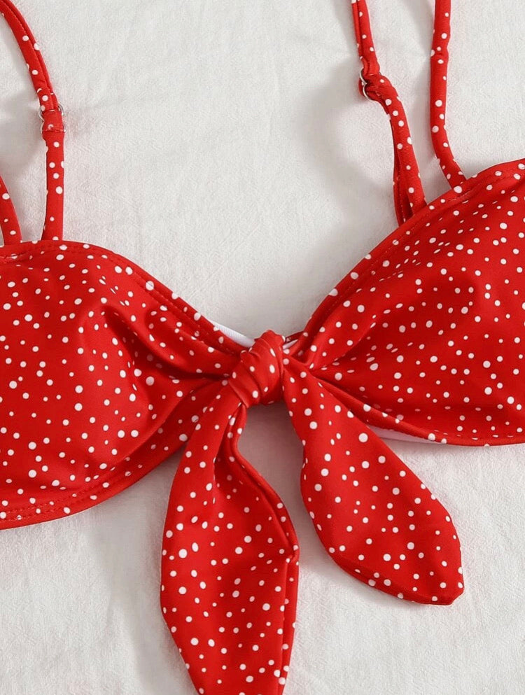 Polka Dot Knot Front High Leg Bikini Swimsuit