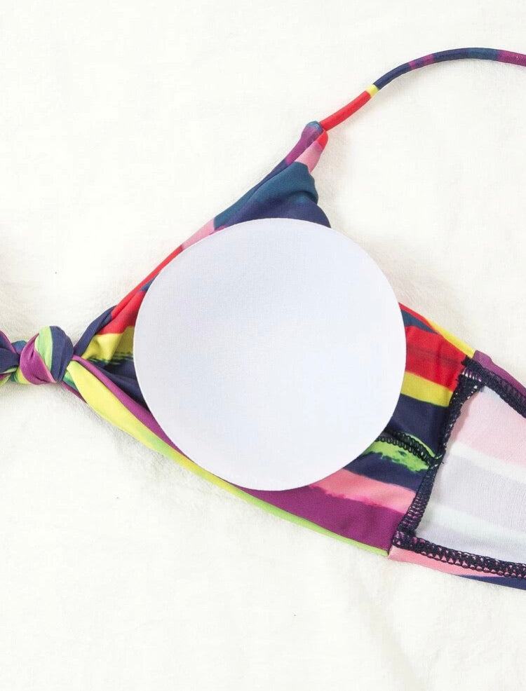 Colorful Striped Print Knot Bikini Swimsuit