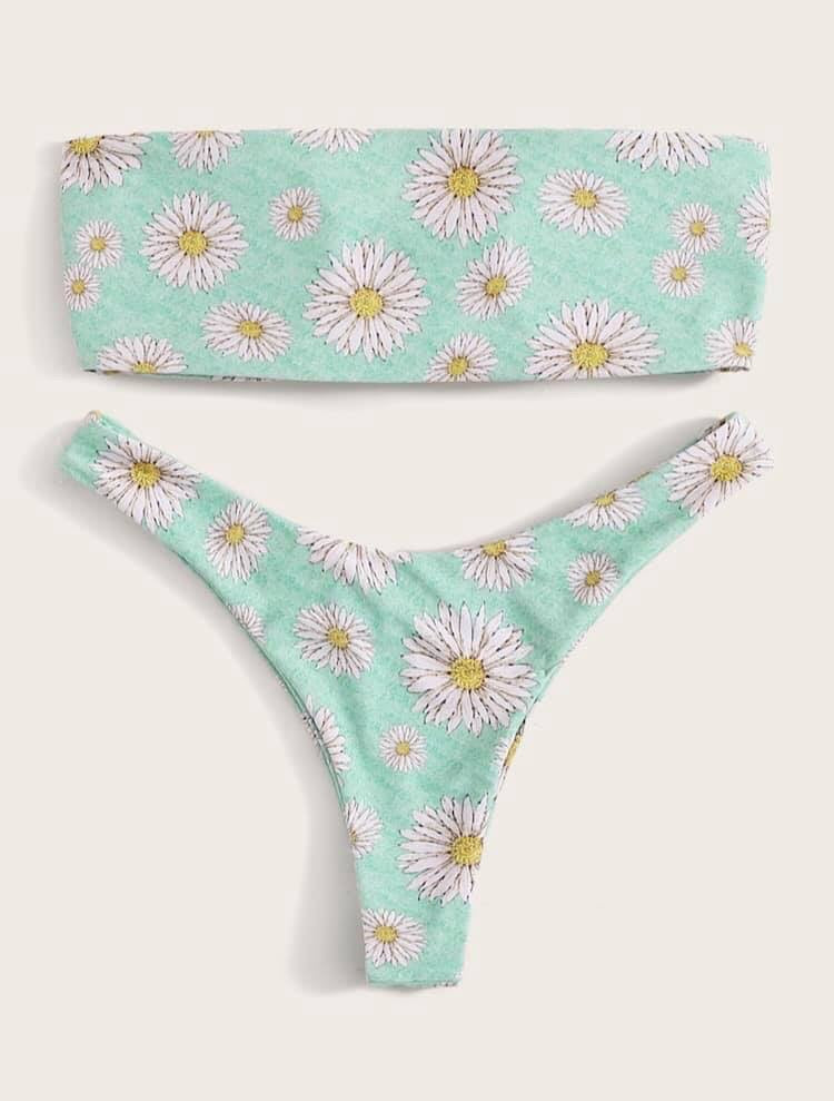 Daisy Print Lace-up Bandeau Top With High Cut Bikini
