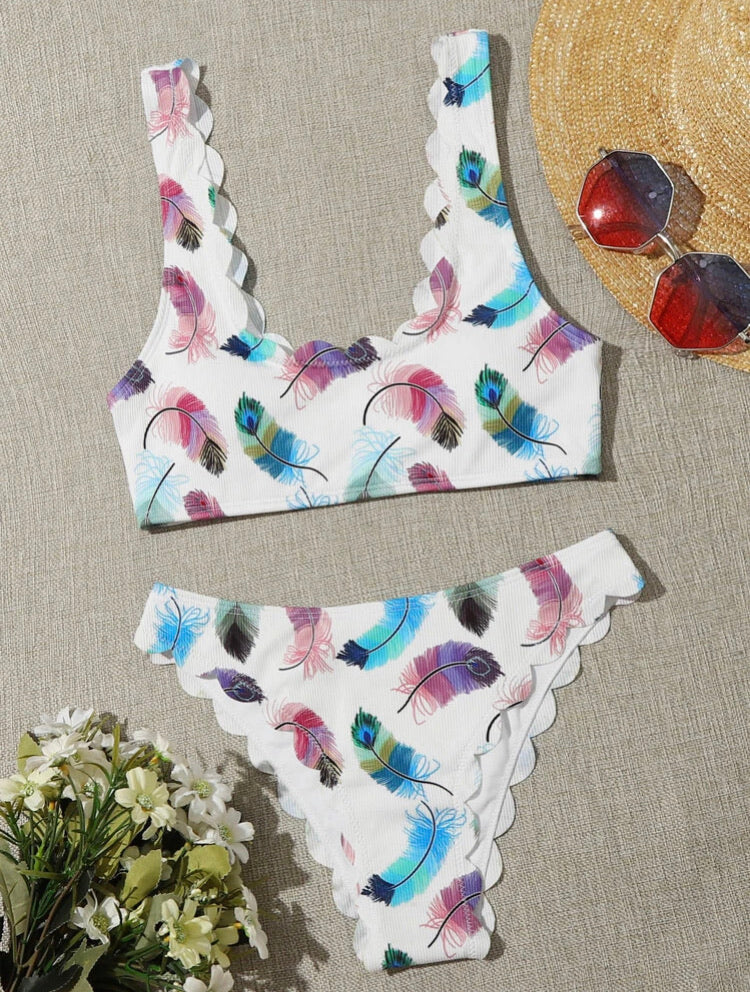 Feather Print Scallop Trim Bikini Swimsuit