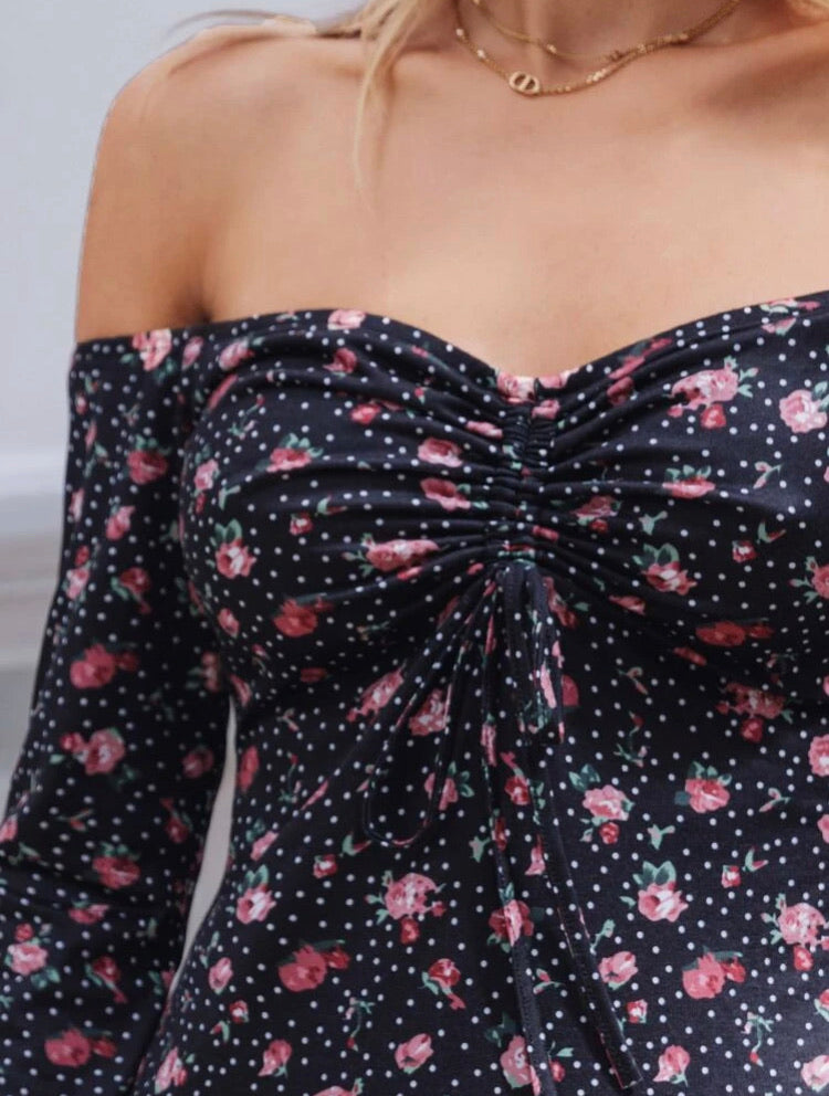 Off Shoulder Drawstring Bust Lettuce Trim Floral and Polka Dot Print