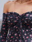 Off Shoulder Drawstring Bust Lettuce Trim Floral and Polka Dot Print