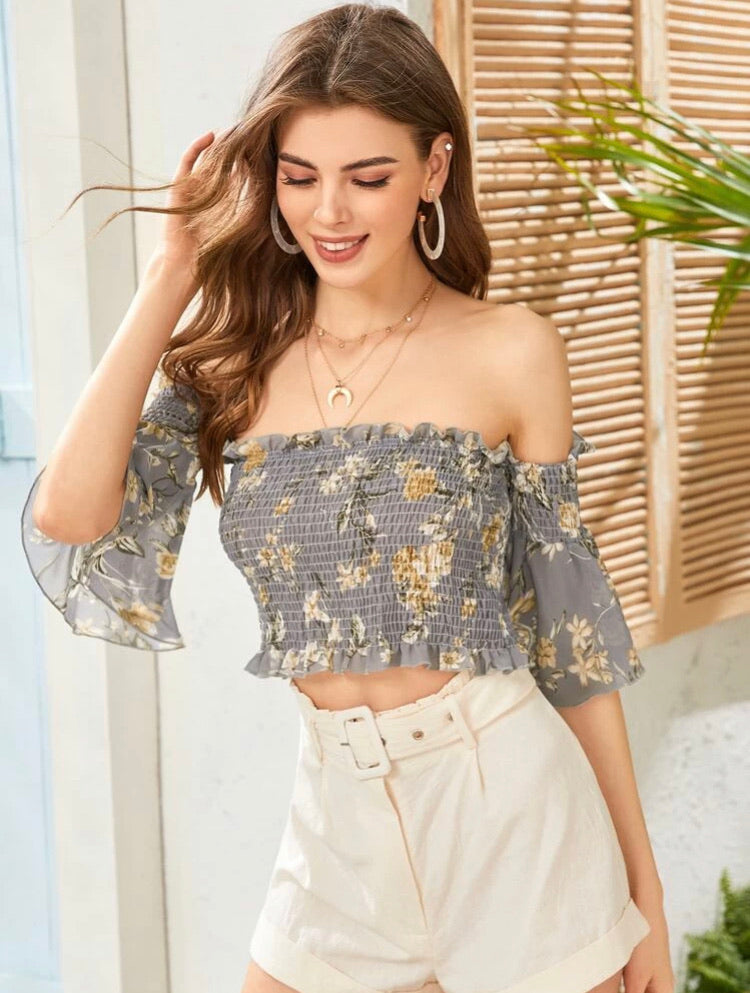 Floral Shirred Frill Crop Top