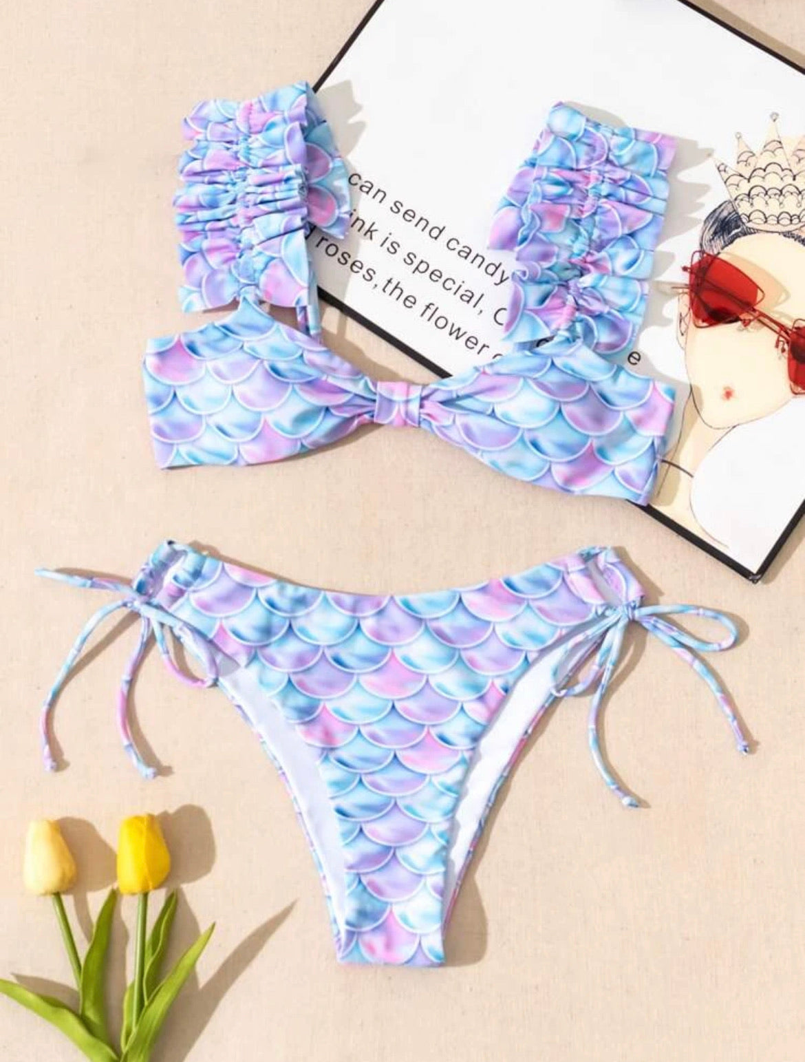 Fish Scales Ruffle Trim Bikini Swimsuit