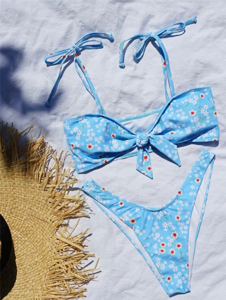 Floral Tie Shoulder High Cut Bikini Swimsuit