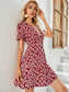 Allover Floral Print V-neck Flounce Sleeve Dress