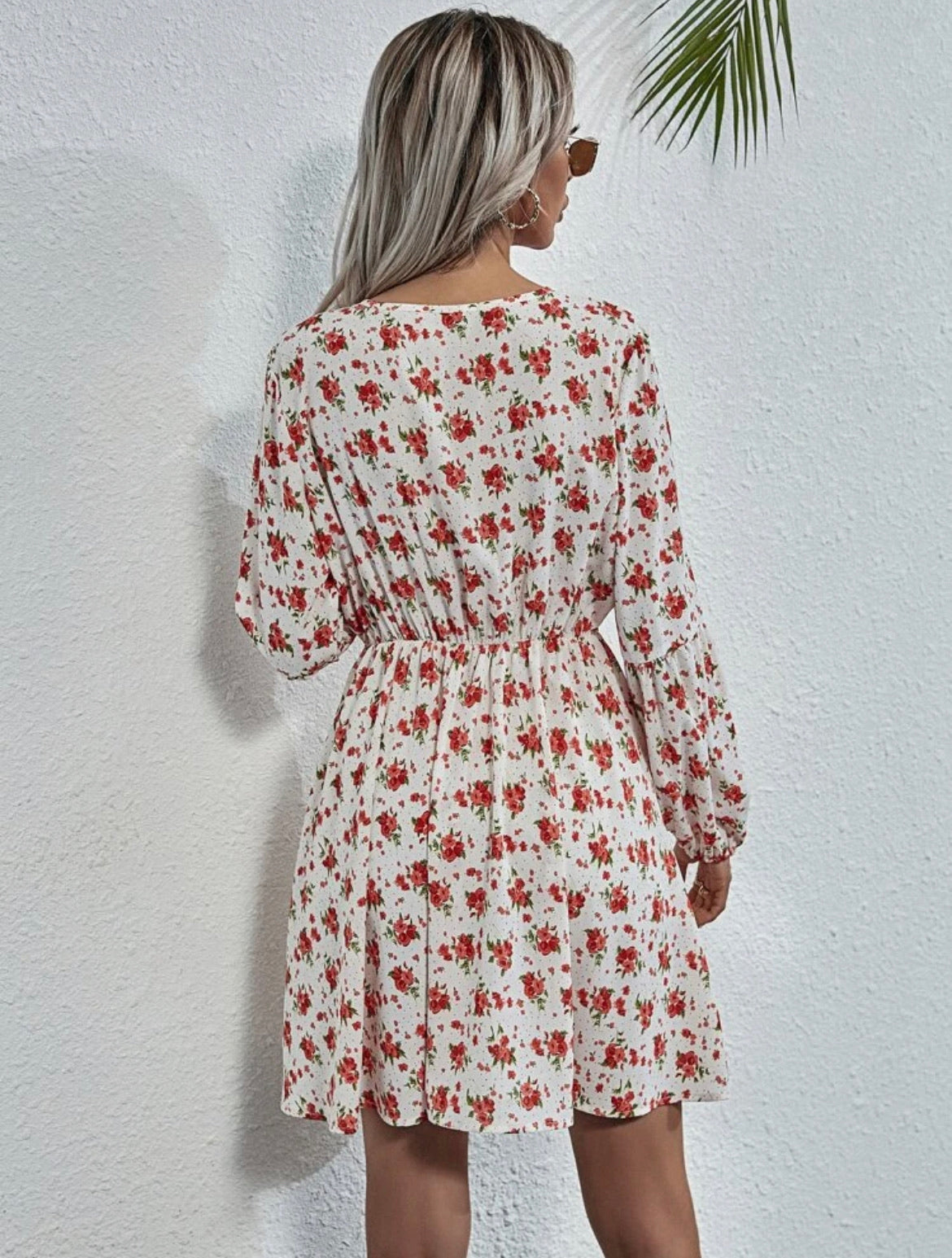 Tie Neck Lantern Sleeve Floral Dress