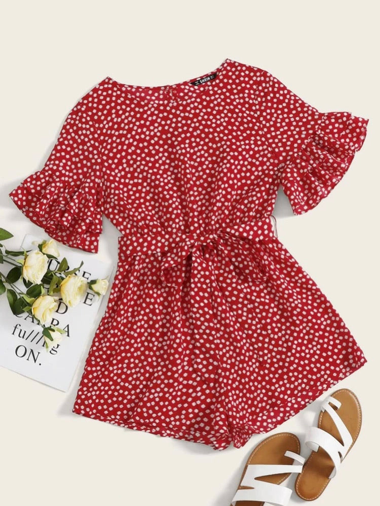 Ditsy Floral Flounce Sleeve Belted Romper