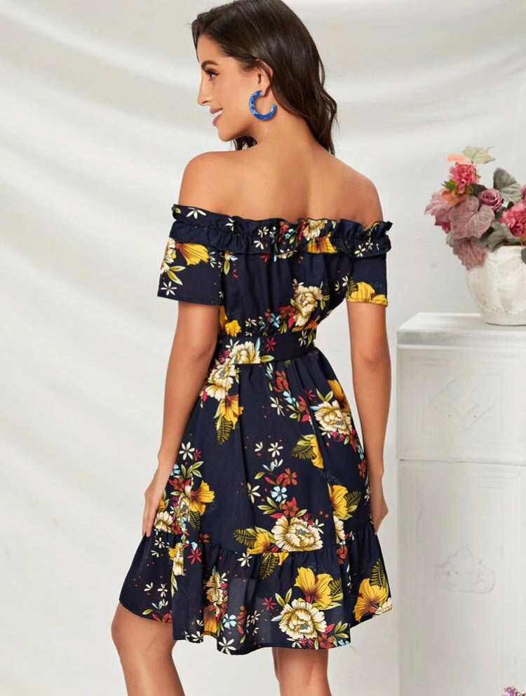 Off Shoulder Ruffle Trim Self Belted Floral Dress