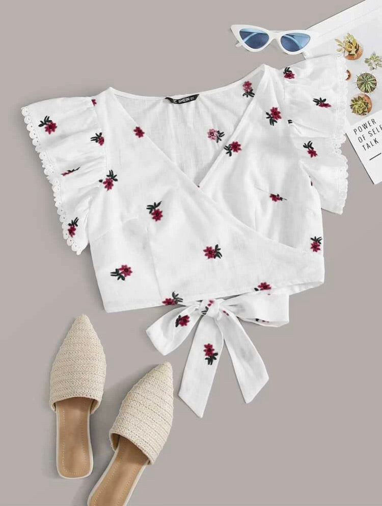 Lace Trim Floral Embroidery Wrap Tie Back Top