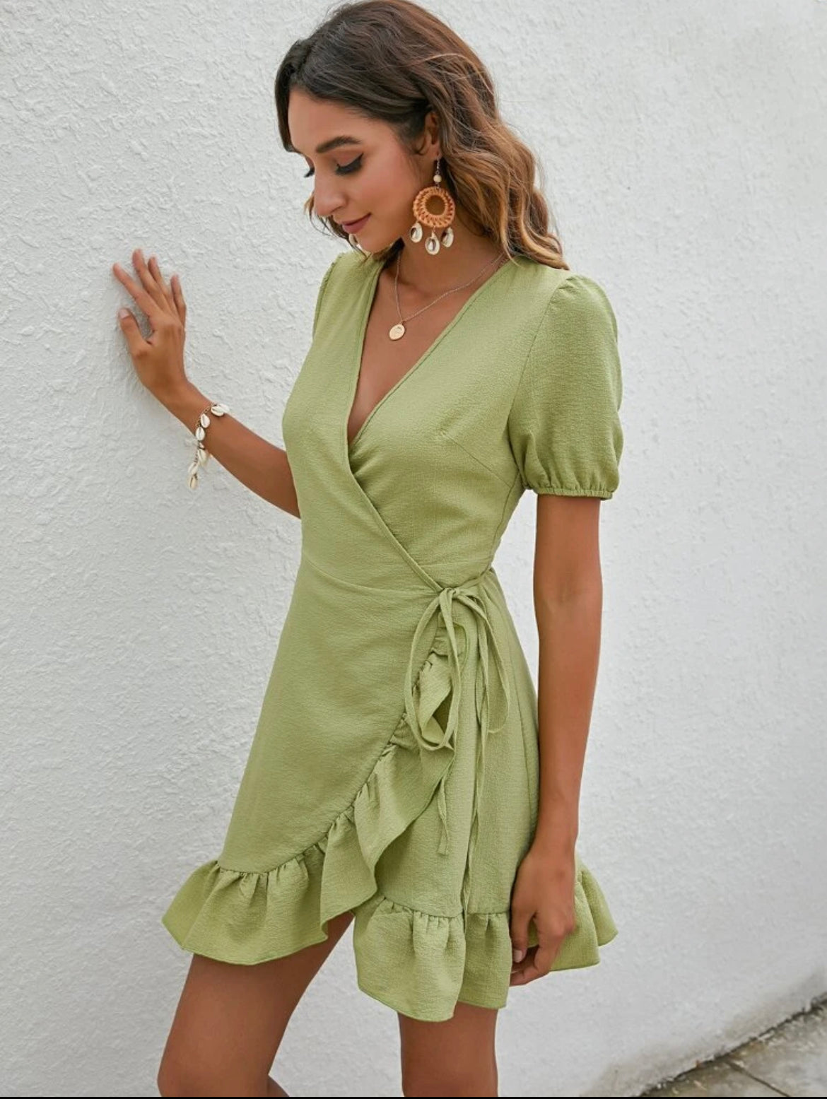 Overlap Collar Tie Side Ruffle Trim Wrap Hem Dress