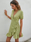 Overlap Collar Tie Side Ruffle Trim Wrap Hem Dress