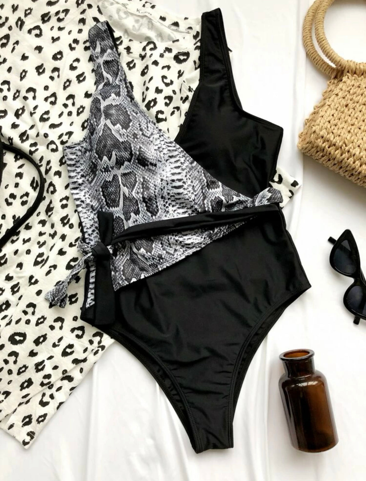 Belted Contrast Snakeskin One-Piece Swimsuit