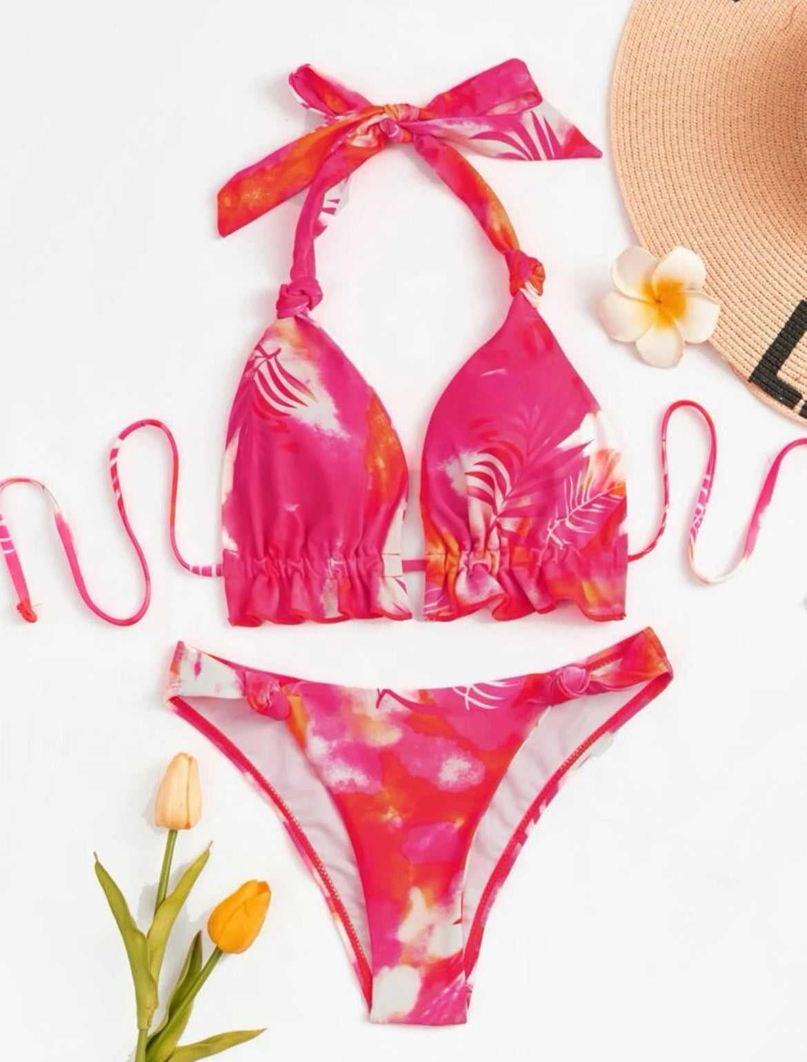 Tie Dye & Leaf Print Knot Thong Bikini Swimsuit
