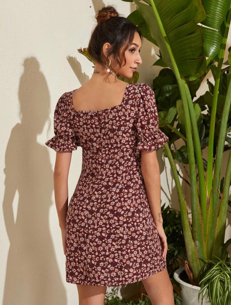 Ruched Bust Puff Sleeve Ditsy Floral Dress