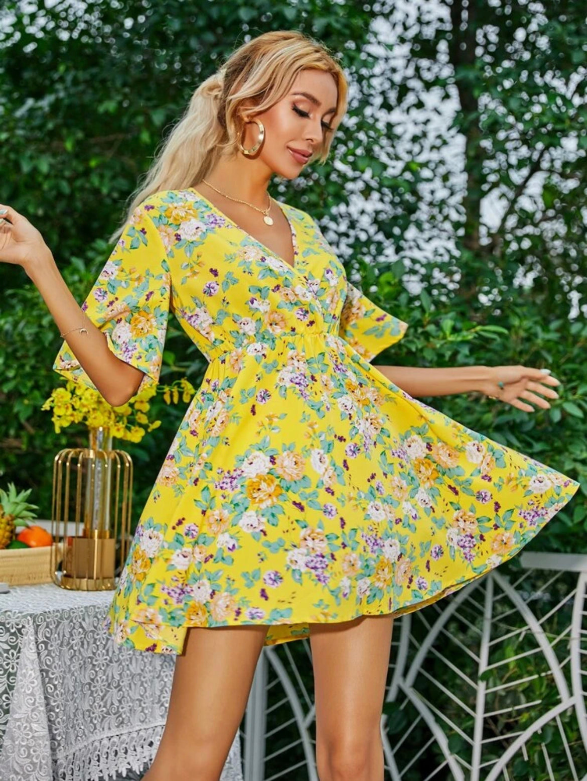 Flounce Sleeve Surplice Neck Floral Dress