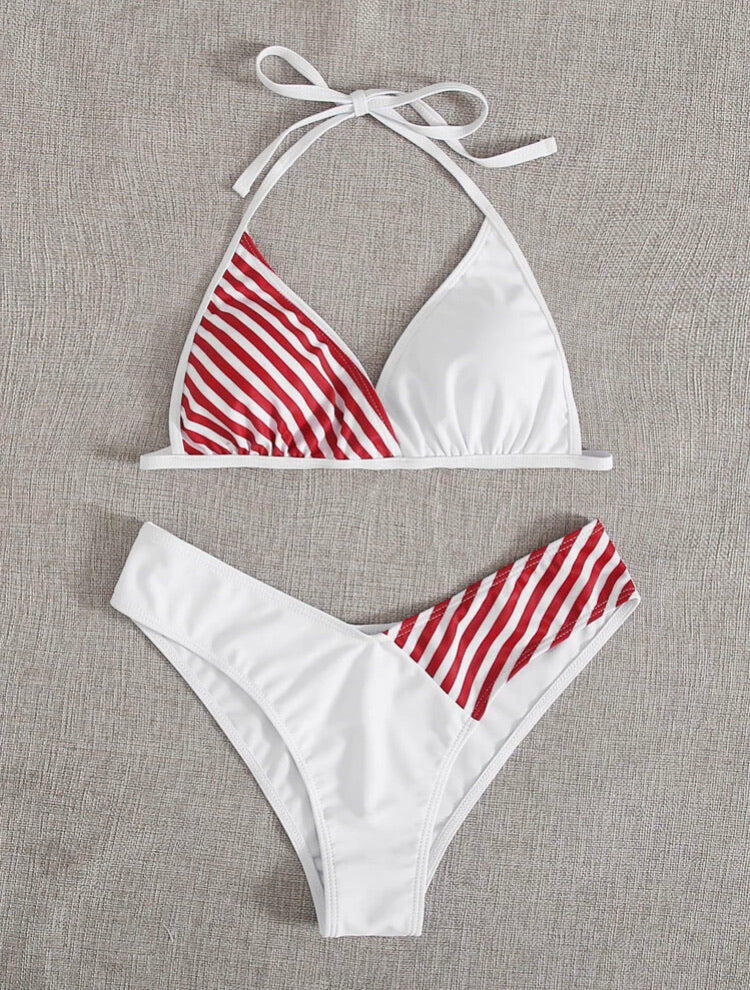 Stripe Spliced High Leg Bikini Swimsuit