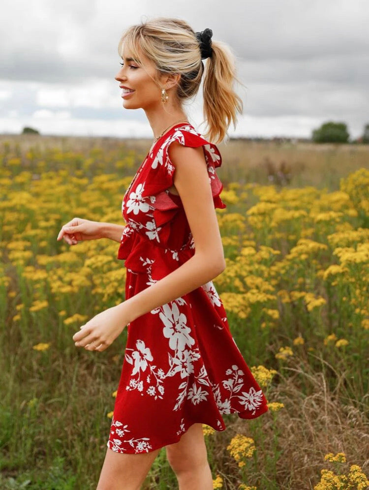 Plunging Neck Tie Back Ruffle Trim Floral Dress