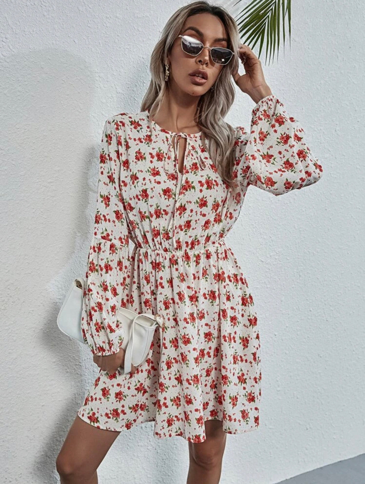 Tie Neck Lantern Sleeve Floral Dress