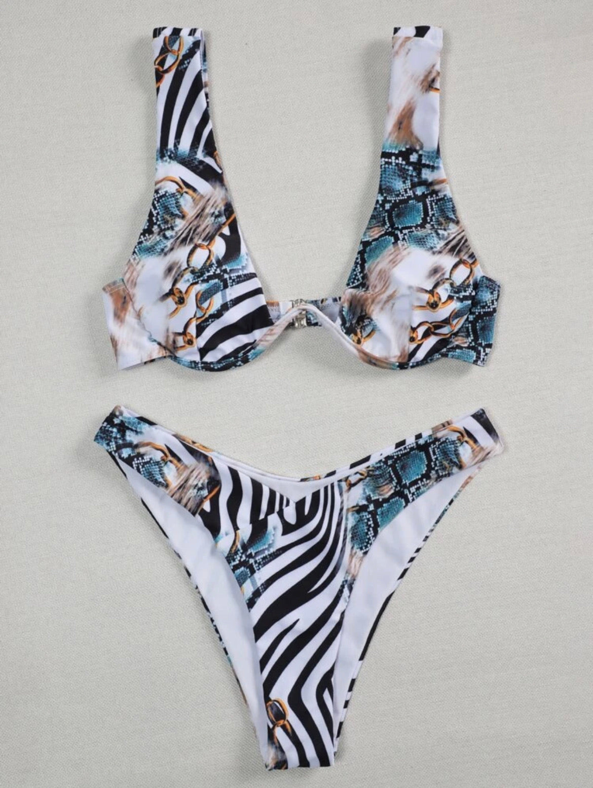 Snakeskin & Chain Print Underwire Bikini Swimsuit