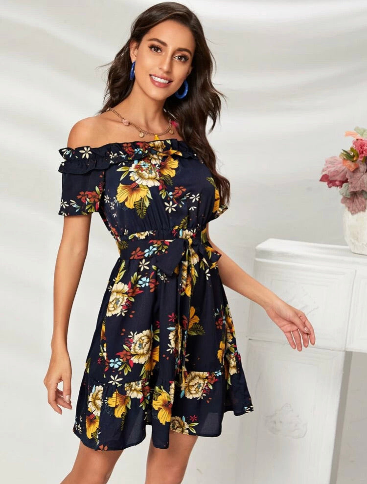 Off Shoulder Ruffle Trim Self Belted Floral Dress