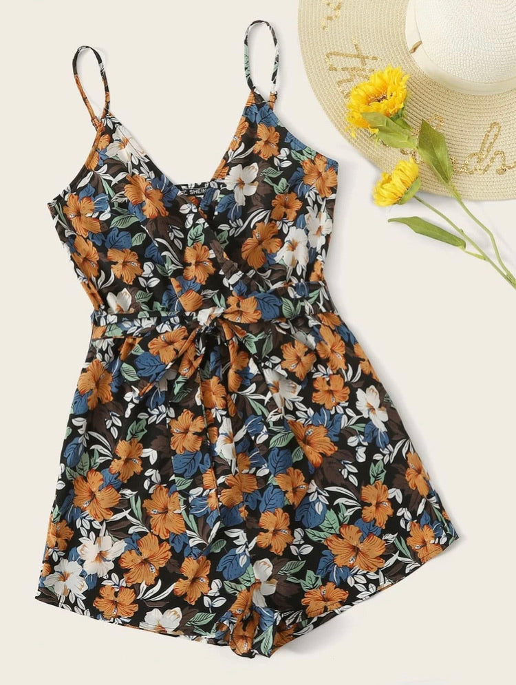 Surplice Neck Self Belted Floral Print Slip Romper