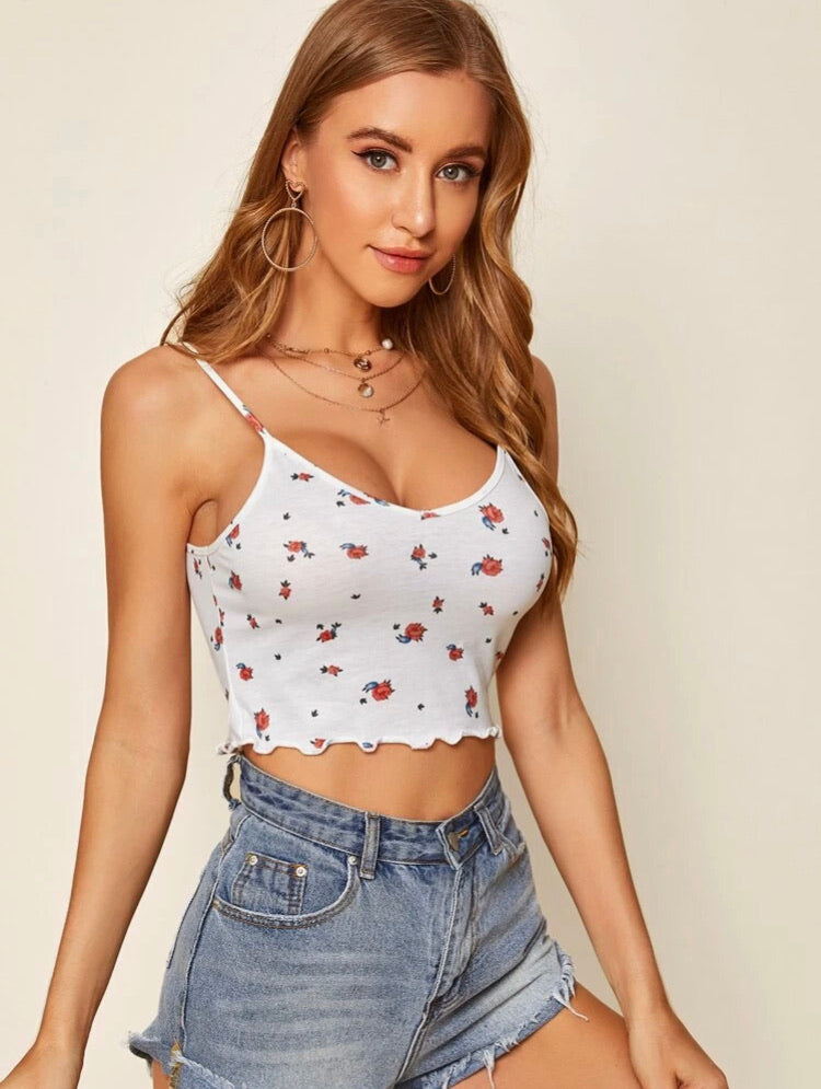 Lettuce Trim Floral Print Crop Cami Top