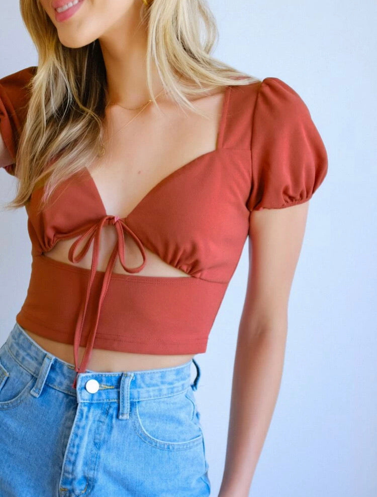 Sweetheart Neck Puff Sleeve Cut Out Knot Front Crop Top