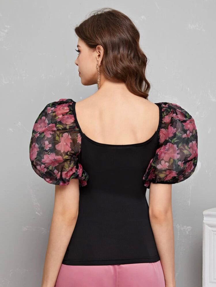 Floral Organza Puff Sleeve Fitted Top