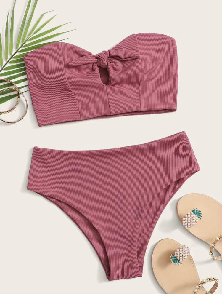 Rib Knot Front Bandeau Bikini Swimsuit