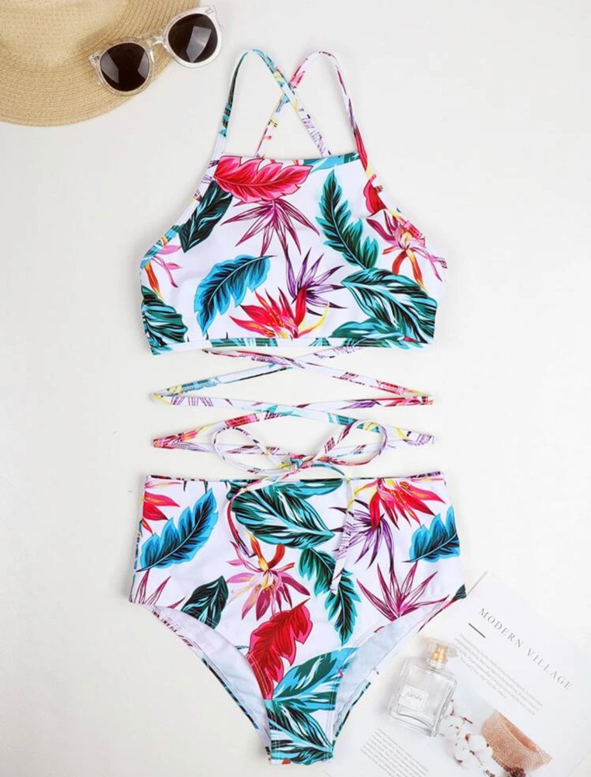 Floral & Tropical Crisscross Bikini Swimsuit