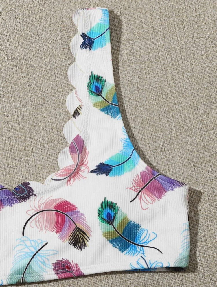 Feather Print Scallop Trim Bikini Swimsuit