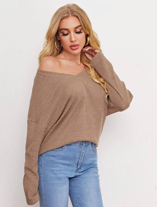 V-neck Drop Shoulder Rib-knit Tee
